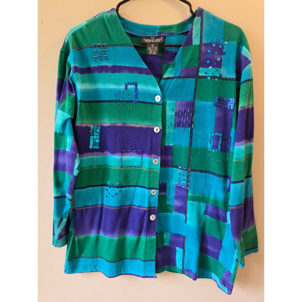 Vintage Carole Little Sport Petites Teal Purple Beaded Cotton Top Womens Size S